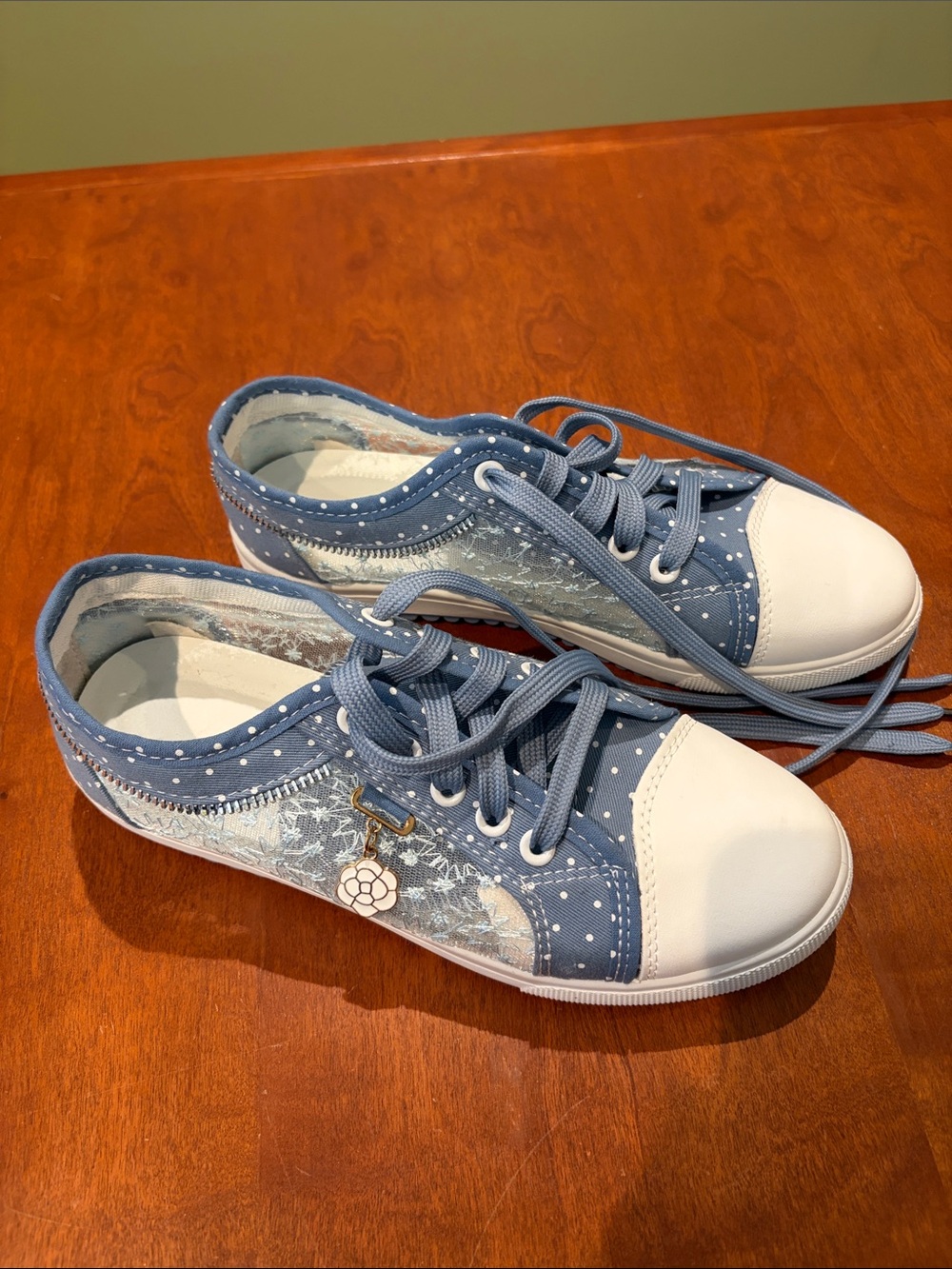 Blue Polka Dot and Lace Sneakers with Floral Charm